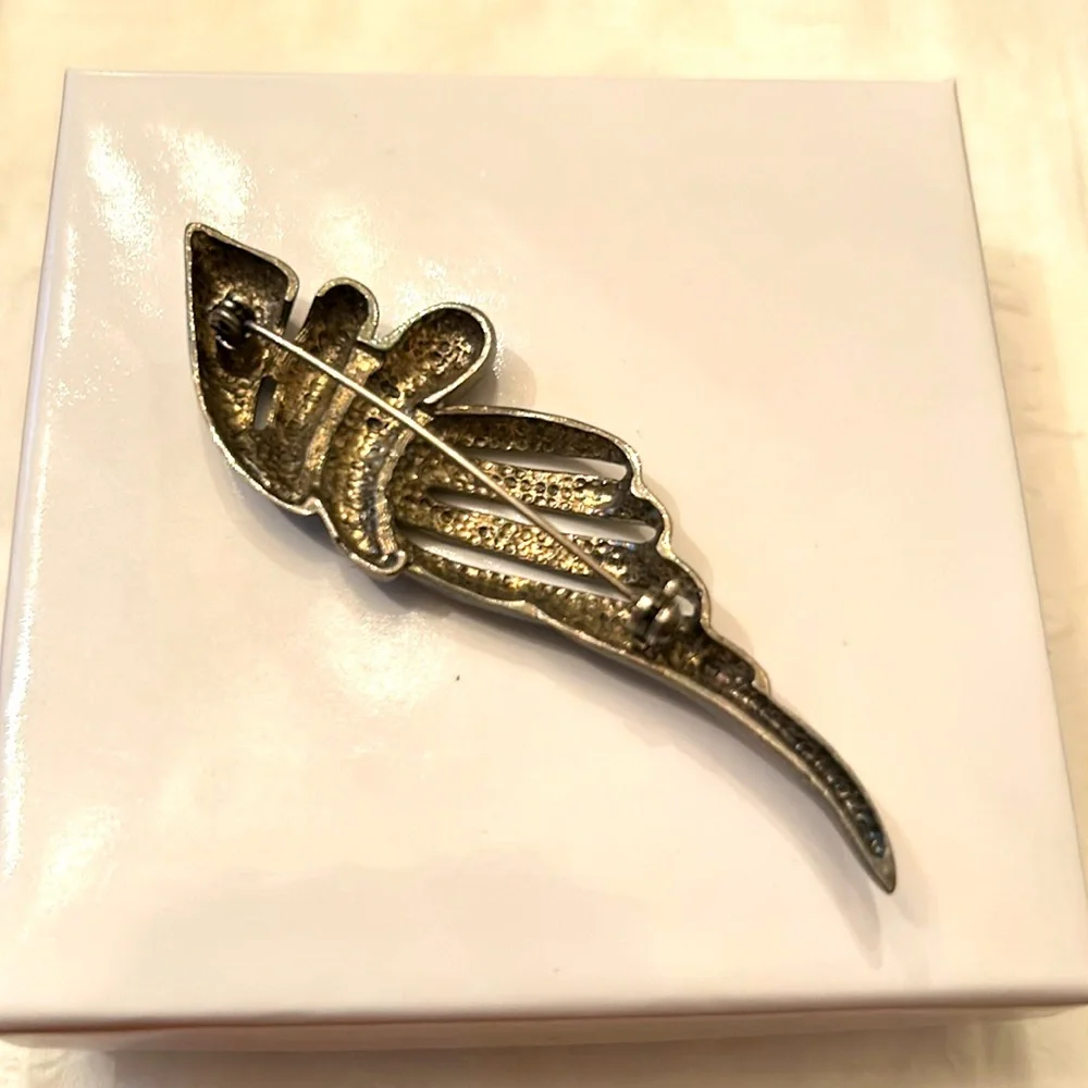Black brooch art nouveau 70’s abstract wing textured evening wear bold